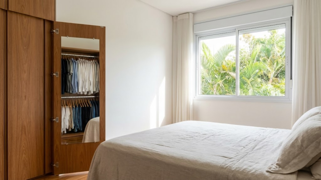 Espelho posicionado de frente para a cama afetando a qualidade do sono profundo durante a noite