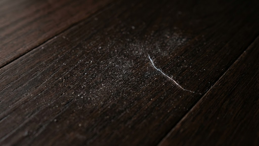 Macrofotografia de um piso de madeira escura destacando o alto contraste de partículas de poeira e fiapos brancos