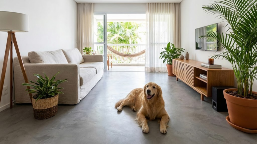 Macrofotografia de um piso de madeira escura destacando o alto contraste de partículas de poeira e fiapos brancos