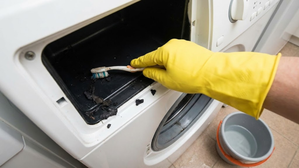 Compartimento oculto da máquina de lavar roupas que necessita de higienização regular