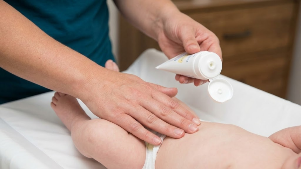 Close na mão do pai/mãe apoiada firmemente no peito do bebê (mão âncora), enquanto a outra mão pega a pomada já aberta, destacando a segurança.