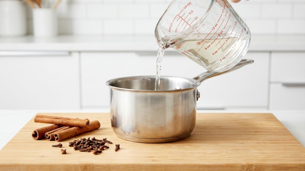 Foto dos ingredientes sobre a bancada: vinagre sendo despejado na panela, paus de canela e cravos, estilo preparo de receita.