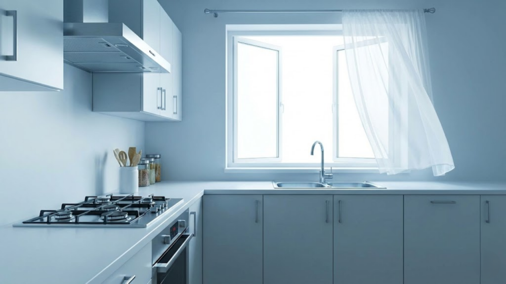 Uma cozinha limpa e arejada com a janela aberta e a cortina balançando com a brisa, simbolizando o ar purificado e sem cheiro.