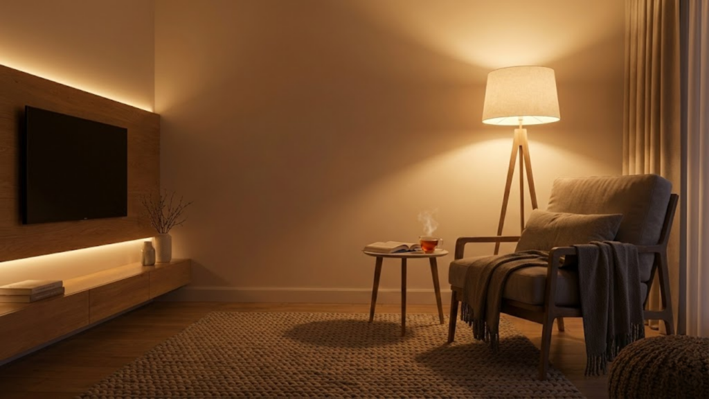 Sala de estar à noite iluminada apenas por abajures de chão e fitas de LED amareladas, criando um clima de "hygge" e relaxamento total.