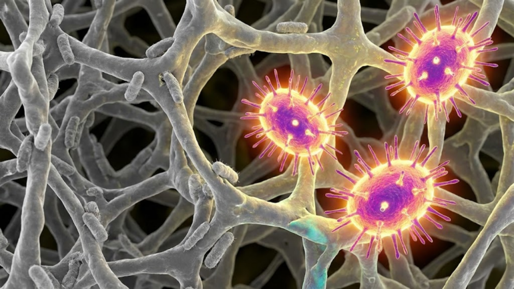 Visualização microscópica 3D mostrando bactérias fracas mortas, mas "superbactérias" resistentes e vibrantes dominando as fibras da esponja