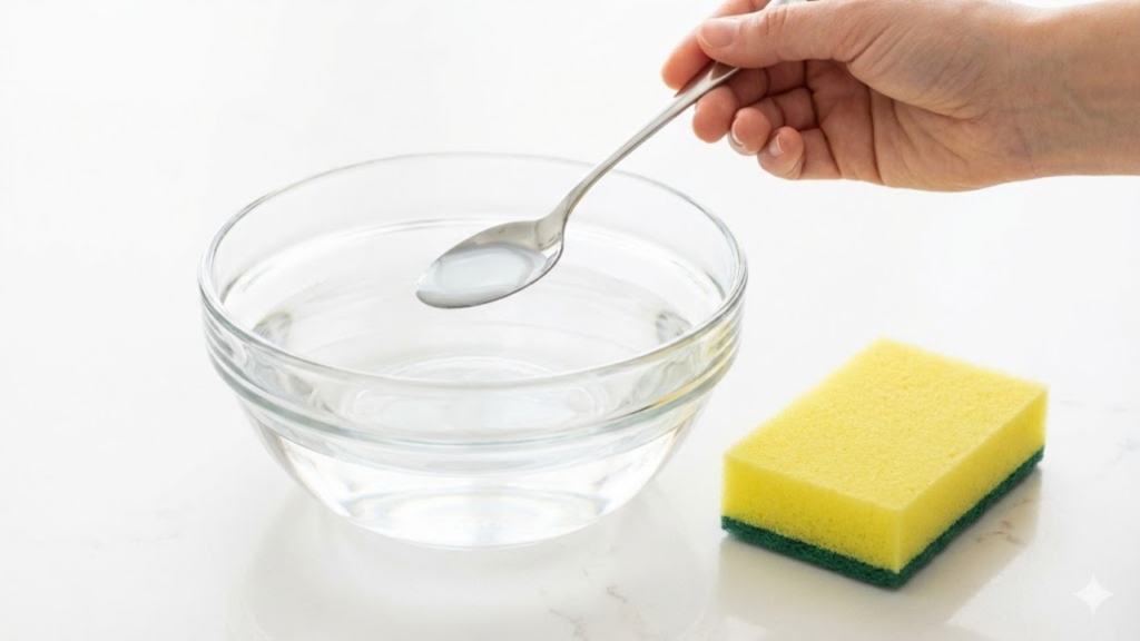 Preparação da solução correta de limpeza: uma tigela com água recebendo uma colher de água sanitária em uma bancada limpa