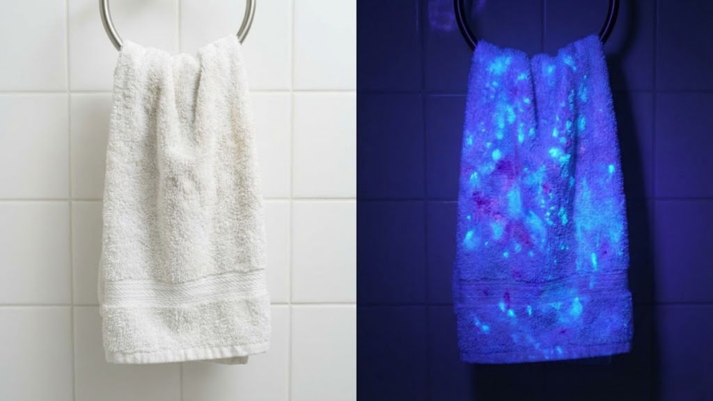 Imagem comparativa ou com efeito de luz UV, revelando manchas brilhantes (bactérias) em uma toalha que parecia limpa a olho nu.