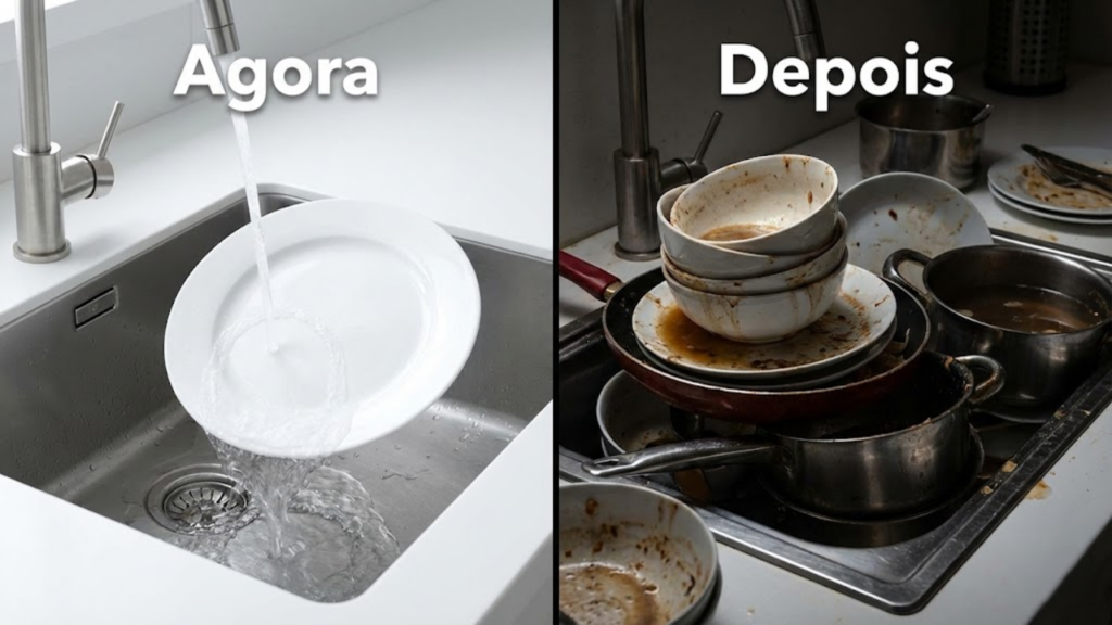Tela dividida comparando uma pia limpa sendo usada agora (fácil) versus uma pia transbordando de louça suja acumulada (difícil).
