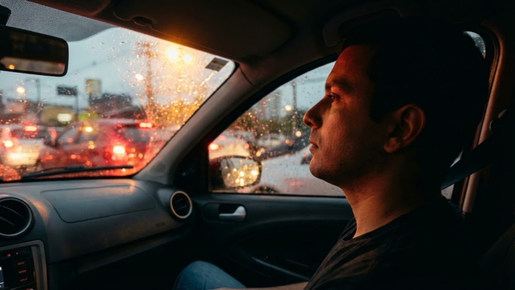 Motorista calmo em engarrafamento chuvoso, praticando o olhar difuso (visão panorâmica) com luzes da cidade refletindo no vidro