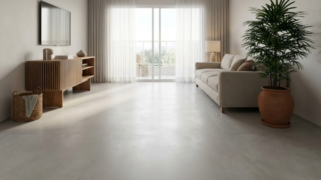 Sala de estar ampla com piso acetinado cinza claro, recebendo luz solar difusa que cria um brilho aveludado sem reflexos agressivos