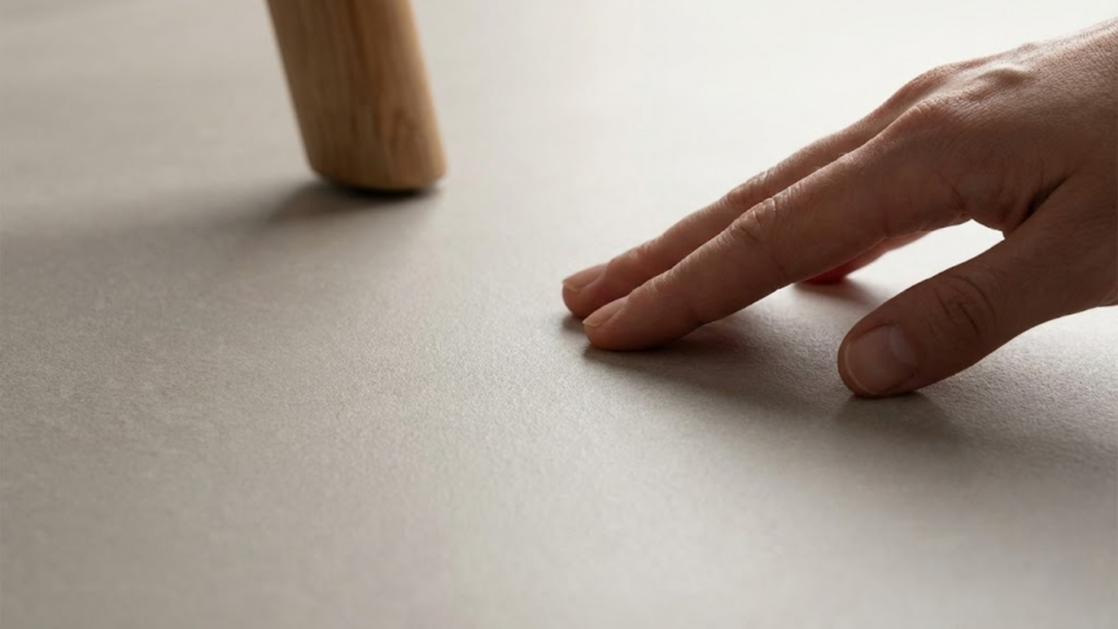 Close macro de uma mão tocando o piso acetinado, evidenciando a textura fosca suave e a ausência de marcas de dedos ou manchas