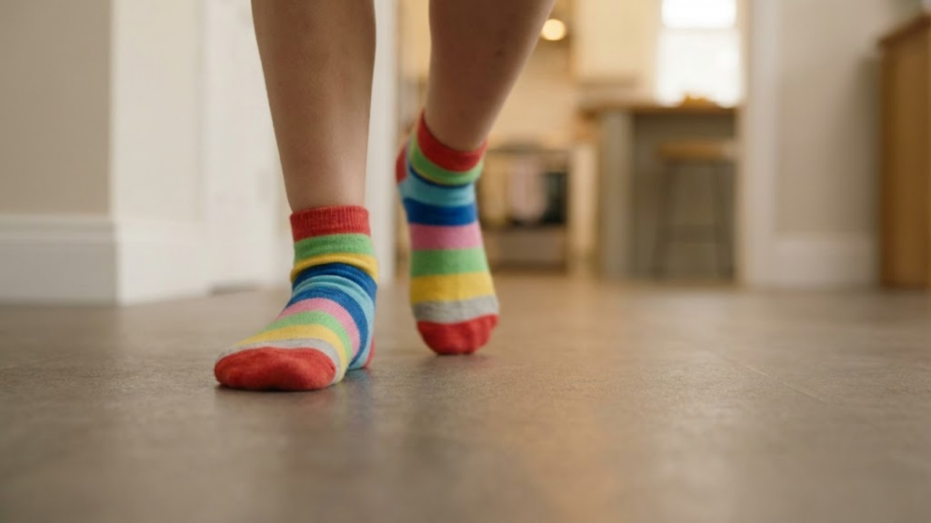 Plano baixo focado nos pés de uma criança de meias correndo pelo corredor, transmitindo aderência e segurança no piso acetinado