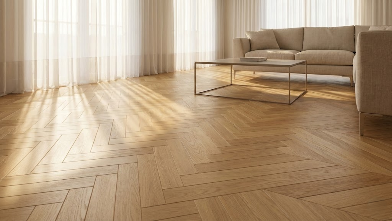 Vista superior da preparação do contrapiso, mostrando a linha de giz central e o teste de encaixe 'a seco' das peças em triângulo