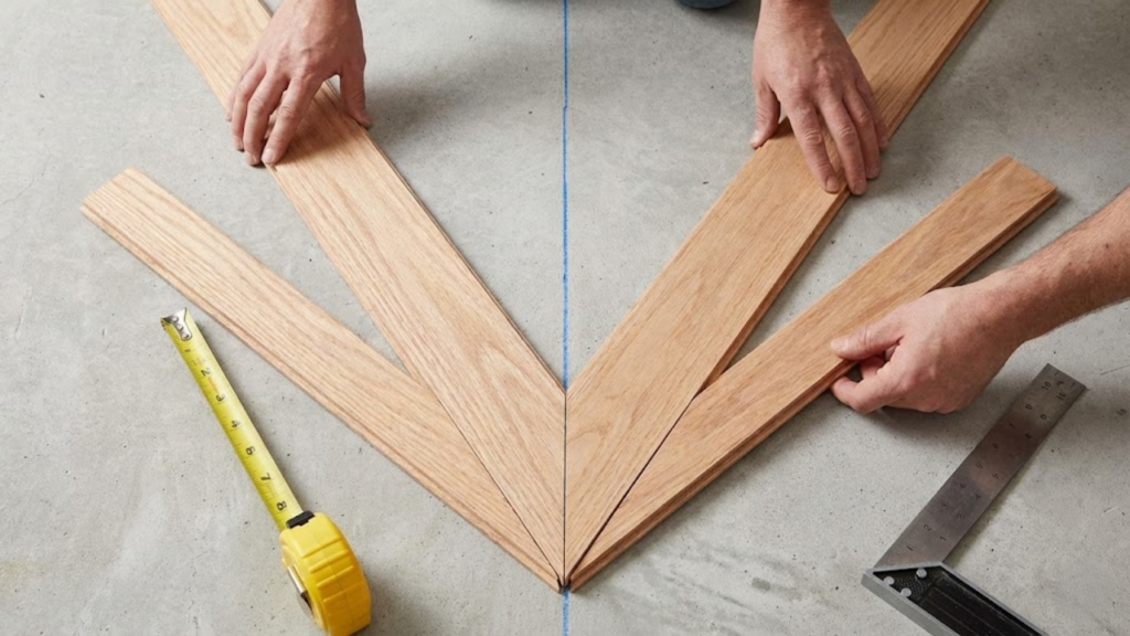 Sala ampla com piso espinha de peixe em carvalho claro, onde o padrão zigue-zague amplia o ambiente sob luz solar dourada