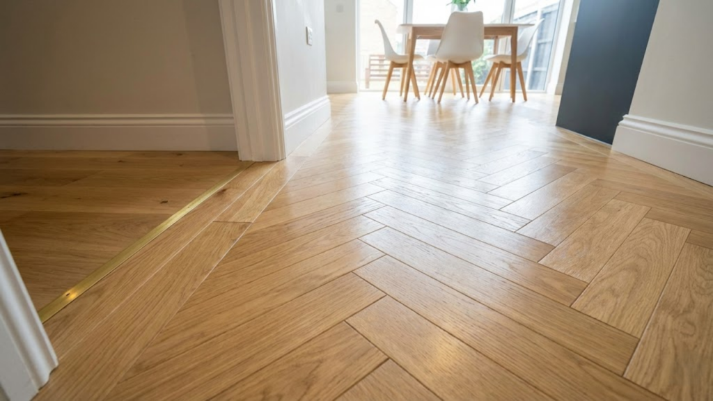 Ponto de vista (POV) em um corredor onde o desenho do piso guia o olhar para o fundo, contrastando com uma área de piso reto.