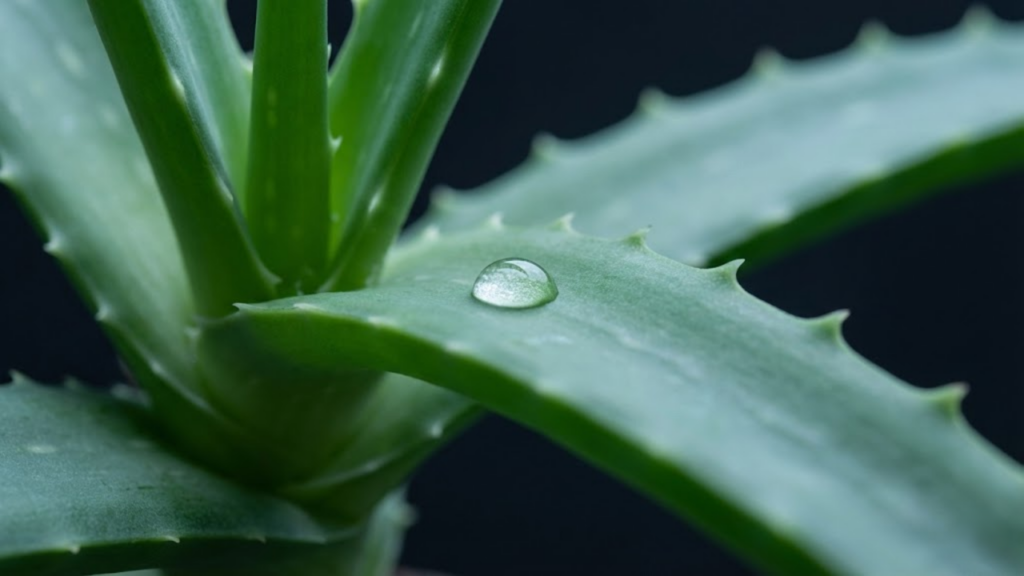 Close macro nas folhas carnudas de uma Babosa (Aloe Vera) com uma gota de orvalho, simbolizando purificação