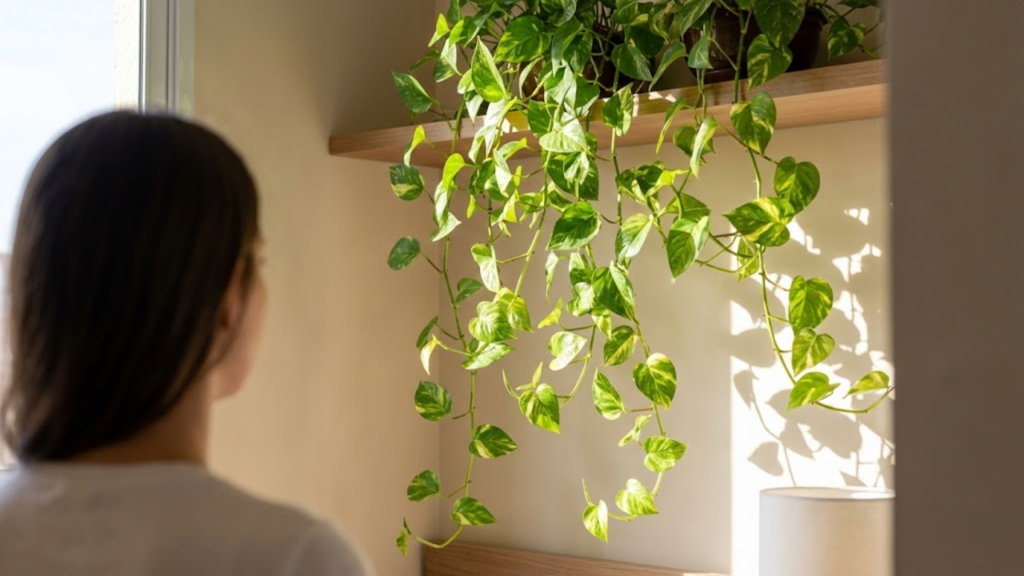 Plano contra-plongée de uma Jiboia caindo em cascata de uma prateleira alta, com luz do sol filtrada pelas folhas