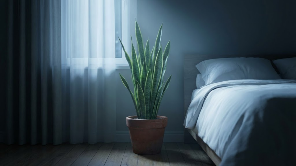 Quarto sereno à noite iluminado pelo luar, com uma Espada-de-São-Jorge imponente ao lado da cama