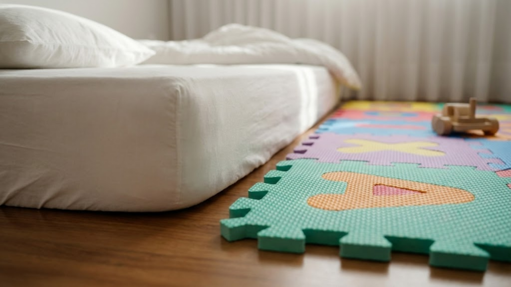 Close em ângulo baixo mostrando a pequena altura do colchão em relação ao chão e o tapete de EVA de proteção ao lado