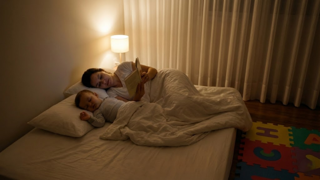 Vista superior de um pai/mãe deitado confortavelmente ao lado da criança dormindo no colchão, lendo um livro sob luz suave
