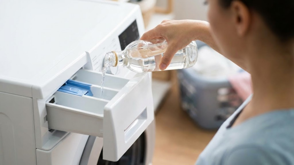 Plano sobre o ombro de alguém despejando vinagre no compartimento da máquina de lavar roupas