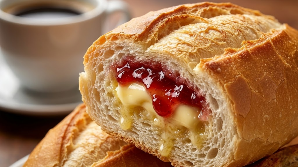 Close macro tentador em um pão francês com manteiga e geleia, simbolizando o pico de glicose