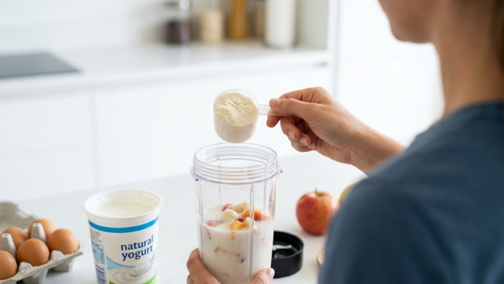 Plano sobre o ombro de alguém preparando um shake, focando no scoop de Whey Protein sendo despejado