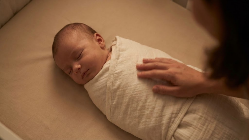 Vista superior de um bebê calmo e dormindo, enrolado na técnica do charutinho (swaddle), sobre colchão macio