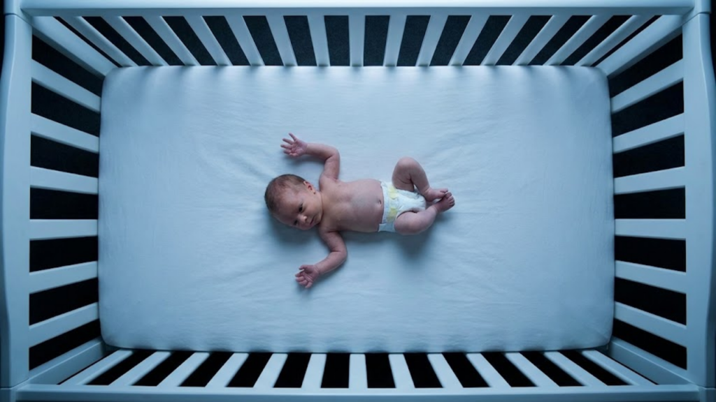 Vista superior de um bebê pequeno e assustado (Reflexo de Moro) no centro de um berço grande e vazio, com luz fria.