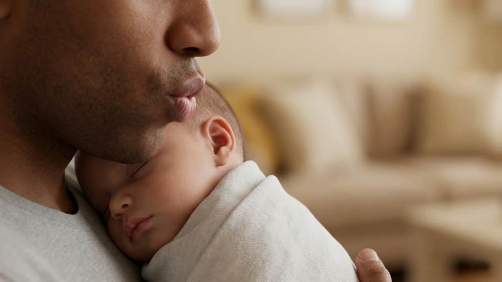 Close de perfil de um pai fazendo o som de 'Shhh' perto do ouvido do bebê embrulhado e calmo no colo