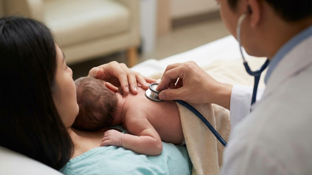 Médico auscultando o bebê com estetoscópio sem tirá-lo do colo da mãe, respeitando o contato pele a pele