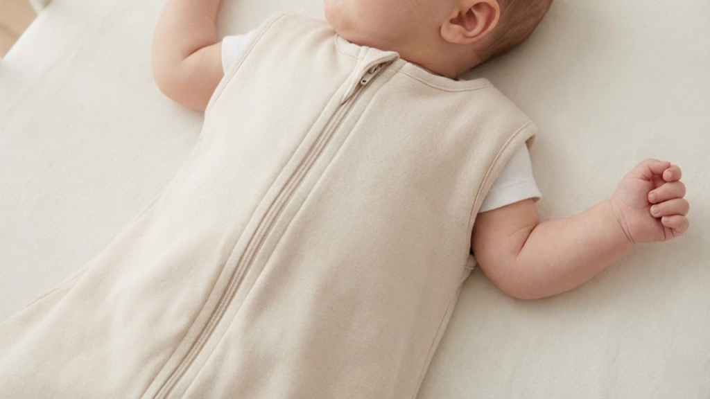 Close superior de um bebê vestindo um saco de dormir (wearable blanket) com zíper, sem cobertores soltos ao redor