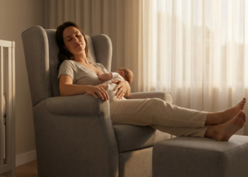 Poltrona de amamentação ergonômica que oferece suporte adequado para as costas da mãe