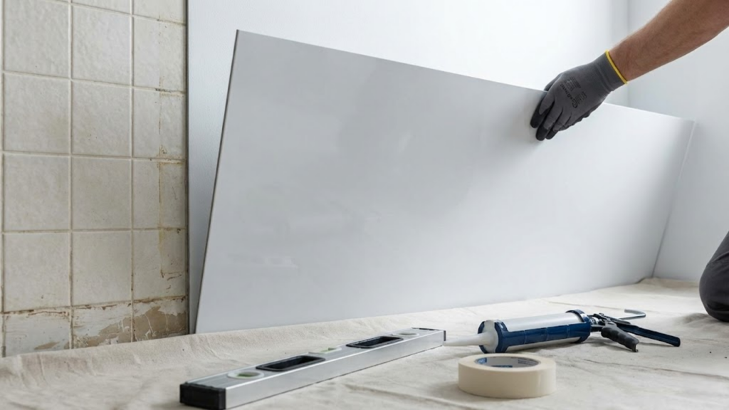 Banheiro em reforma limpa e organizada, mostrando a instalação de um painel de parede moderno e ferramentas arrumadas