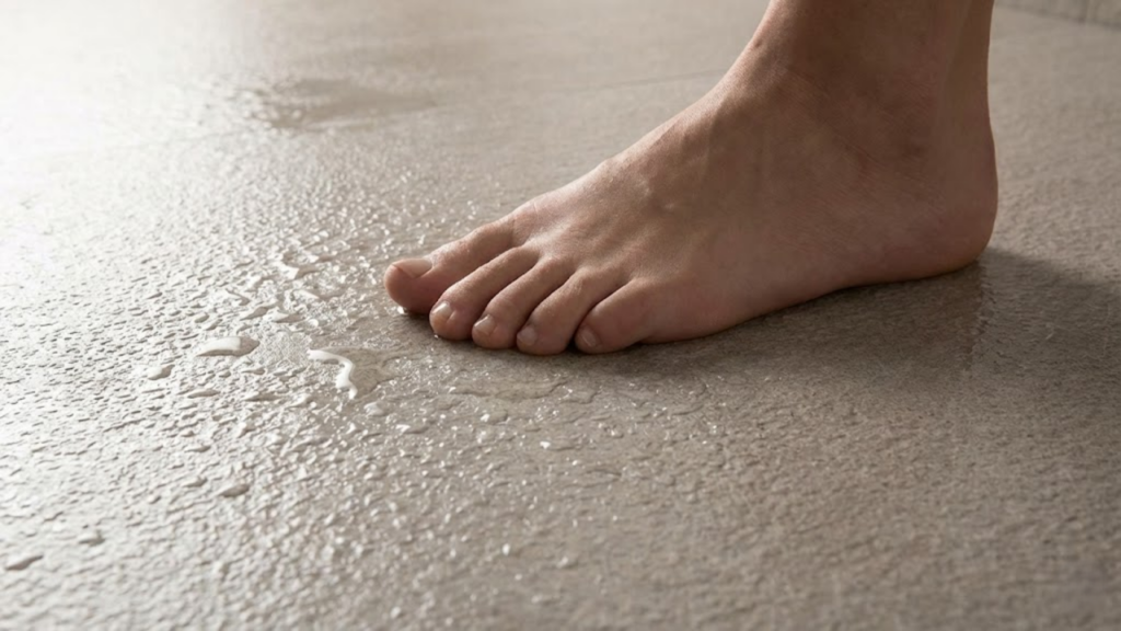 Macro em ângulo baixo de um piso acetinado molhado com um pé firme apoiado, destacando a textura antiderrapante e segurança