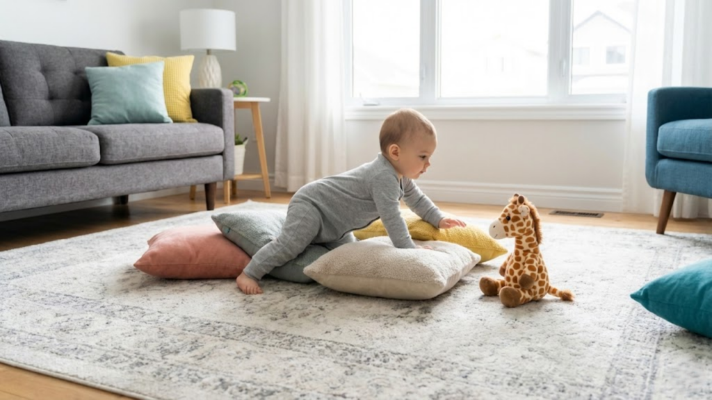 Bebê no chão iniciando o processo de engatinhar com apoio dos braços e pernas