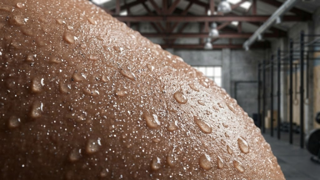 Close macro da pele suada de um atleta, com partículas prateadas simbolizando a perda de zinco pelo suor durante o treino pesado