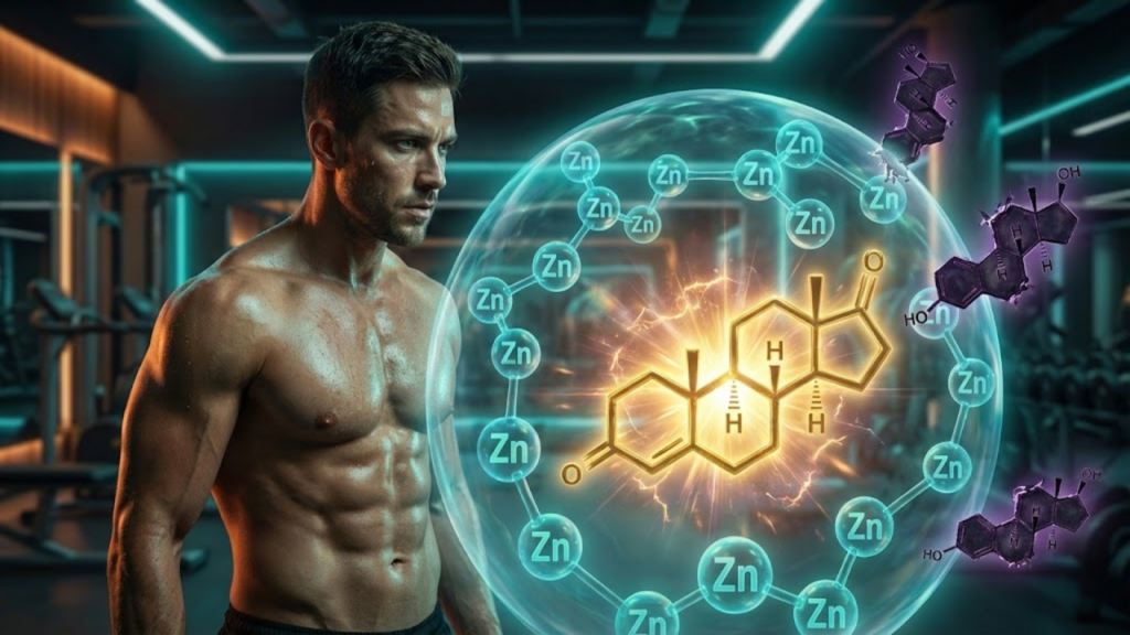 Homem atlético em uma academia com moléculas de zinco brilhantes formando um escudo protetor ao redor da testosterona, impedindo a conversão hormonal