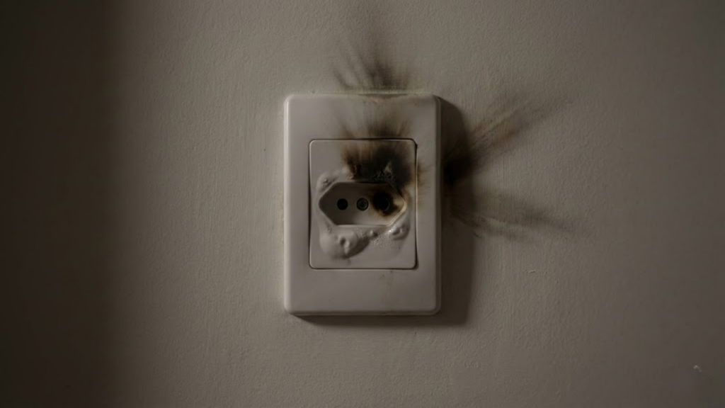 Tomada sobrecarregada com adaptador benjamim em ambiente doméstico com fiação exposta