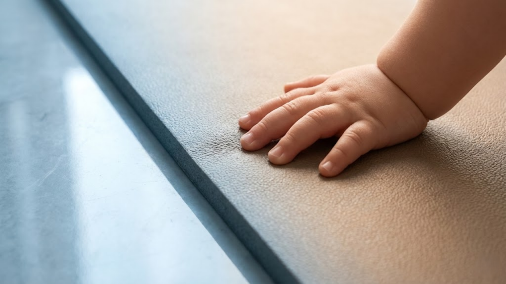 Bebê brincando em tapete de material antiderrapante e térmico para proteção da pele