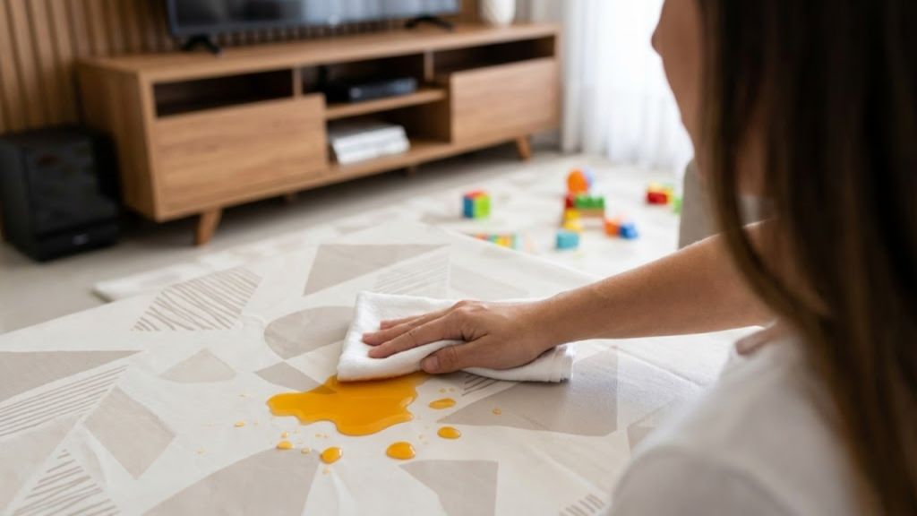 Bebê brincando em tapete de material antiderrapante e térmico para proteção da pele