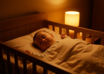 Bebê dormindo profundamente em berço iluminado apenas por uma luz amarela suave