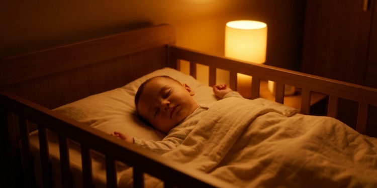 Bebê dormindo profundamente em berço iluminado apenas por uma luz amarela suave