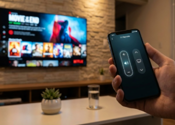 Mão usando app de controle no celular em uma sala limpa e sem controles físicos