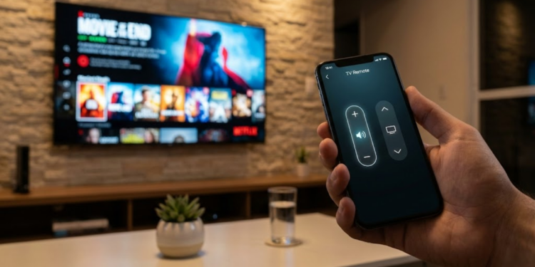 Mão usando app de controle no celular em uma sala limpa e sem controles físicos