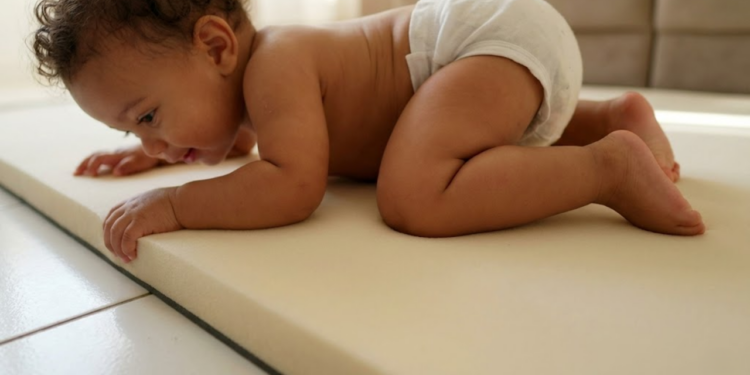 Bebê engatinhando feliz sobre tapete grosso que protege os joelhos do piso frio
