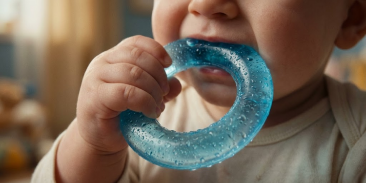 Mordedor gelado de baixo custo sendo utilizado para aliviar o incômodo da dentição infantil