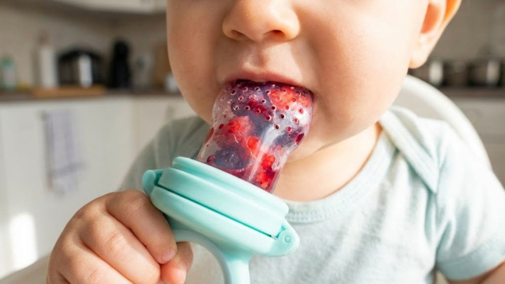 Mordedor gelado de baixo custo sendo utilizado para aliviar o incômodo da dentição infantil
