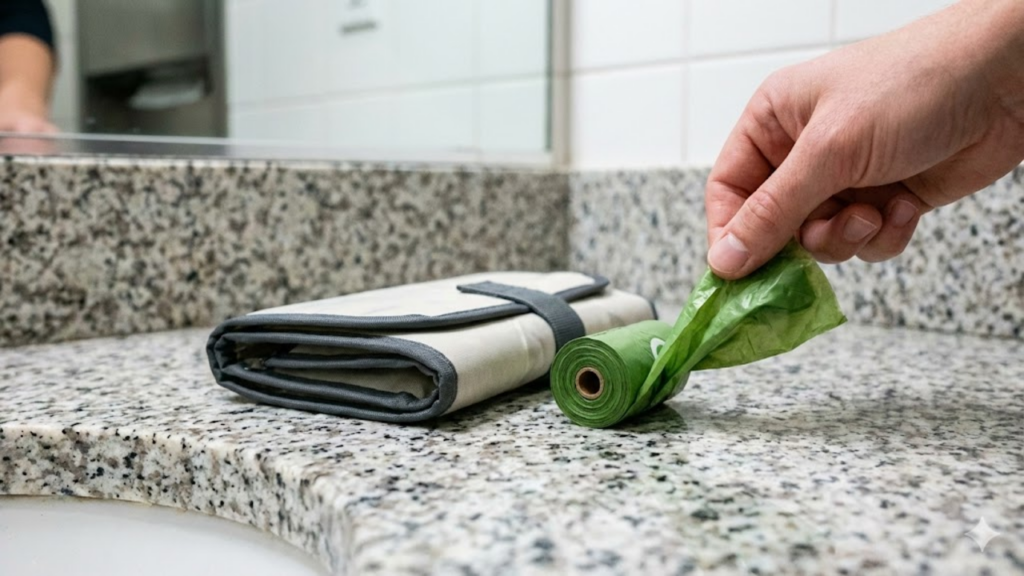 Trocador de fraldas portátil e dobrável aberto para uso em superfície externa