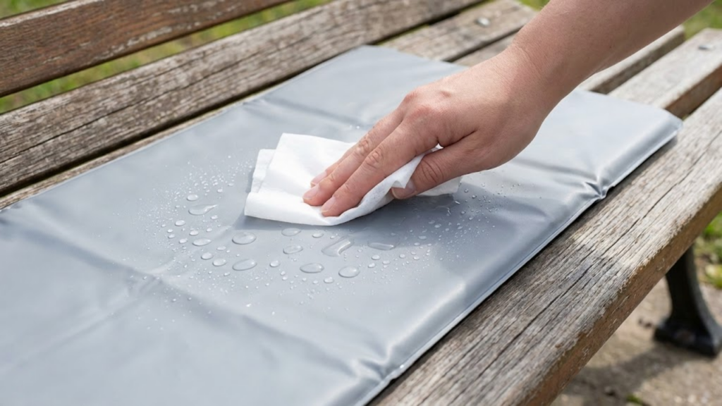 Trocador de fraldas portátil e dobrável aberto para uso em superfície externa